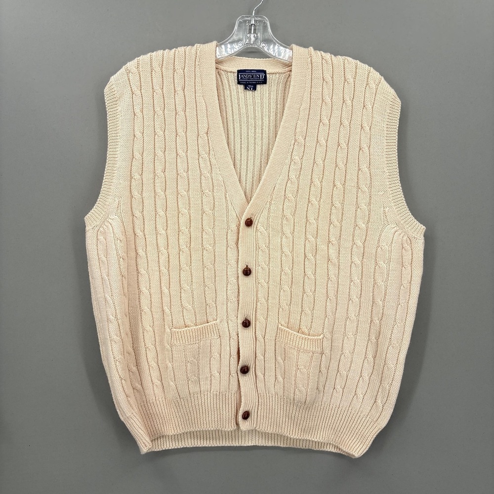 Vintage Lands' End Sweater Vest Mens XL White 100% Wool Cable Grandpa Cardigan
